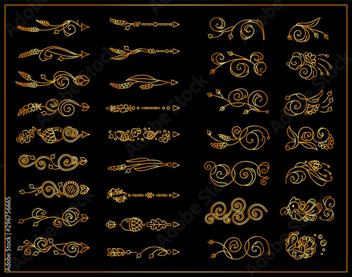 Vector vintage elements for design. Cute arrows, indexes, dividers, tiny arts. Turkey, birds, vine, maize, ears of wheat, acorns, leaves. Beautiful metallic gold color