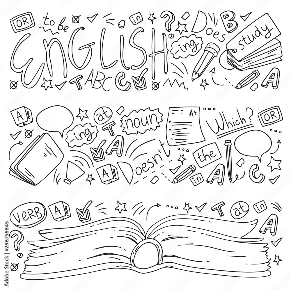 Language school for adult and kids. Pattern with icons about english learning.