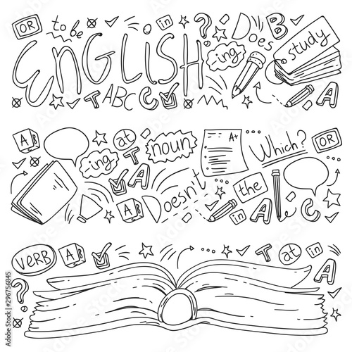 Language school for adult and kids. Pattern with icons about english learning.