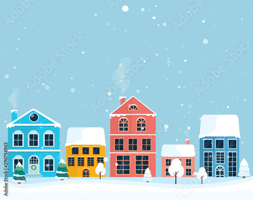 Winter landscape. Winter christmas village. Colorful house