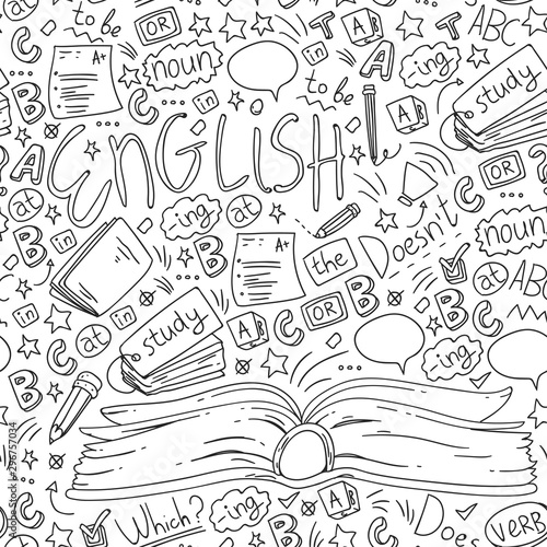 Language school for adult and kids. Seamless pattern with icons about english learning.