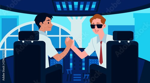 Airplane cockpit interior with cartoon captain and copilot shaking hands