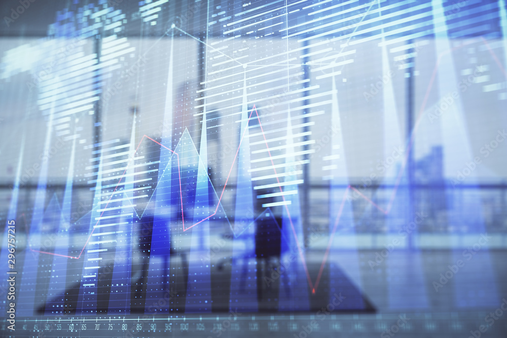 Forex chart hologram with map and minimalistic cabinet interior background. Double exposure. International business concept. Forex chart hologram with map and minimalistic cabinet interior background. Double exposure. International business concept.