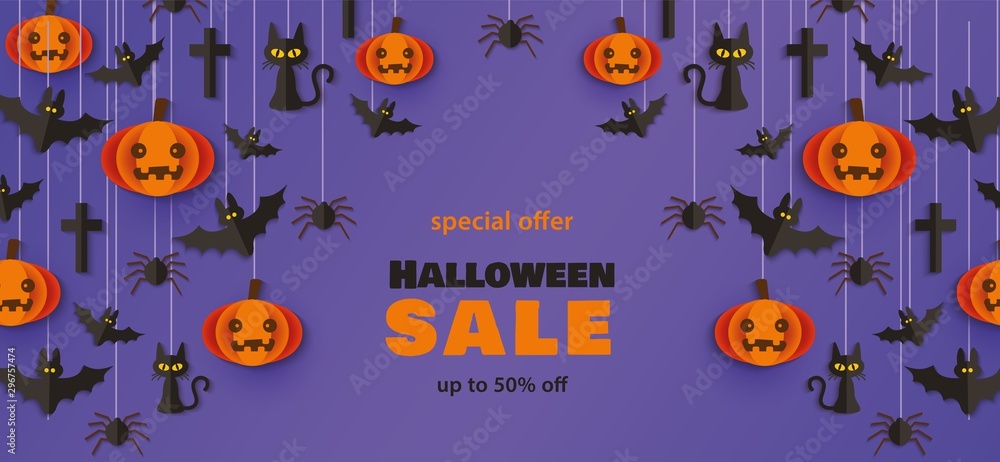 Halloween background and banner with pumpkins and cats hanging on a web, bats and spiders. Halloween background and banner with pumpkins and cats hanging on a web, bats and spiders.