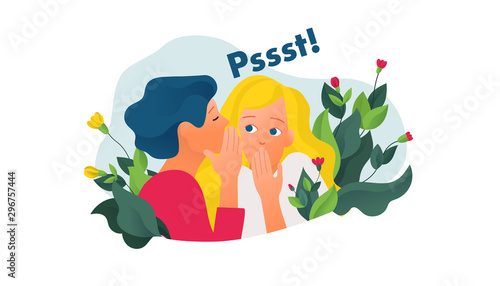 Two girls gossiping private news in the garden vector illustration. One excited girl whispers secret to her friend. Psst sound.