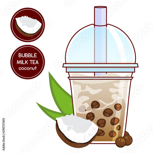 Vector elements for food and drinks design. Plastic cup with China boba tea, tapioca bubbles in milk tea with Coconut. Realistic flat style. Also sticker and label for package with coconut