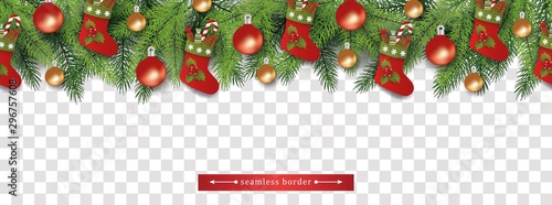 Seamless Christmas tree branch top border with gift stockings and baubles