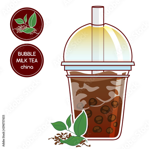 Vector elements for food and drinks design. Plastic cup with China boba tea, tapioca bubbles in milk tea. Fresh and dry tea leaves. Realistic flat style. Also sticker and label for package