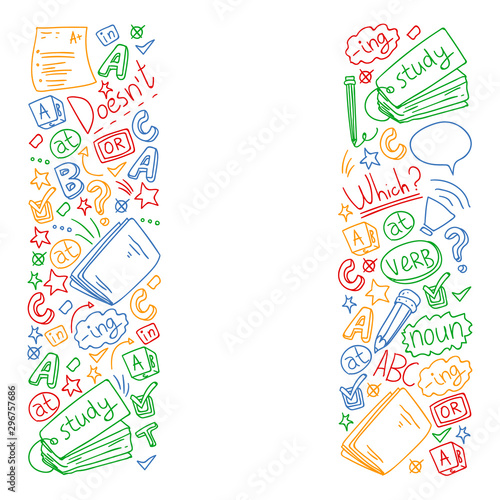 English courses. Doodle vector concept illustration of learning english language.