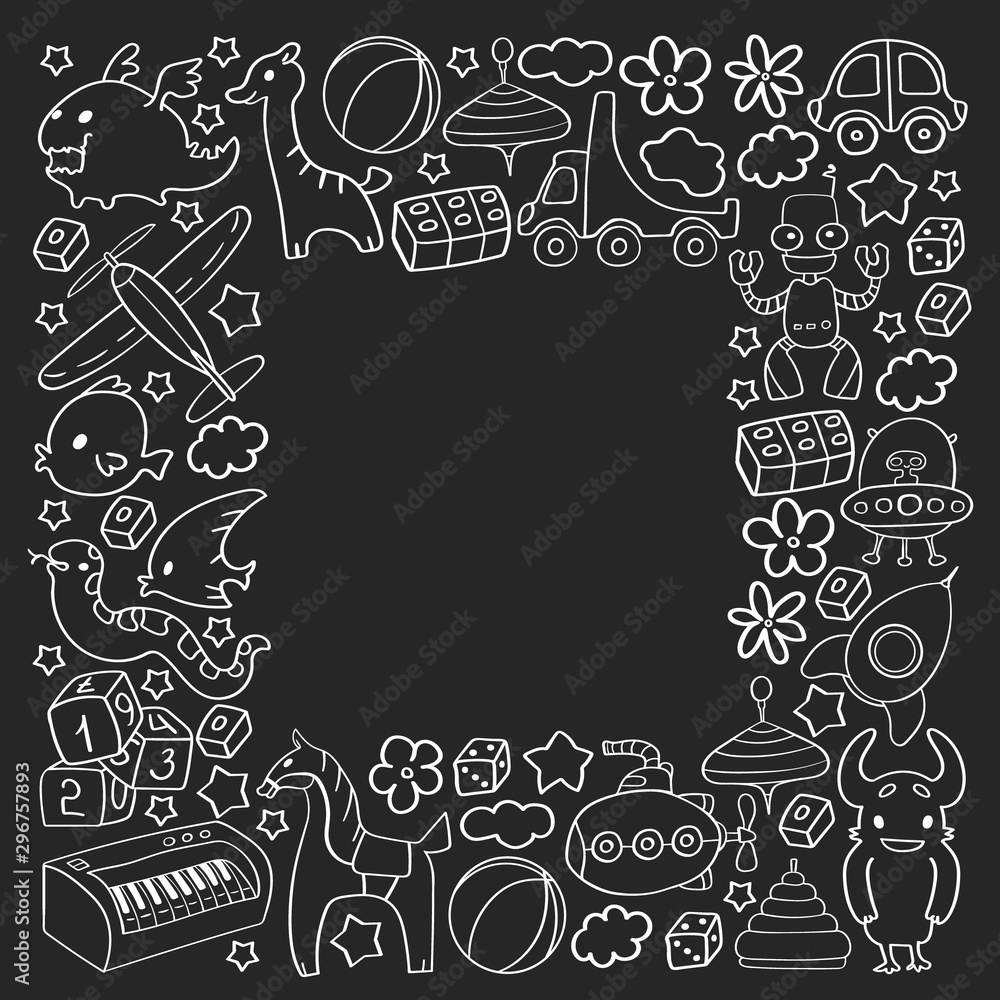 Vector pattern with children toys. Kindergarten elements in doodle style for little kids. Education, play, grow Vector pattern with children toys. Kindergarten elements in doodle style for little kids. Education, play, grow