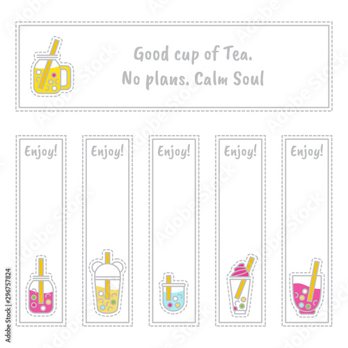 Set of vector tea labels, bookmarks or stickers with cute little plastic cups of tea, boba-tea with bubbles, coffee ans other drinks. Perfect for cafe, restaurant, tea-houses merchandise, tea packages