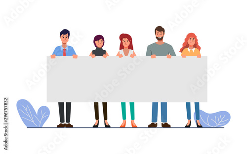 Group of business people teamwork holding big banner blank space character.