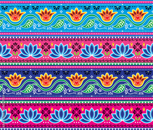 Pakistani or Indian truck art vector seamless pattern, floral cheerful design, Diwali repetitive decorations 