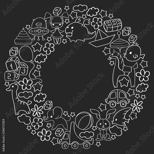 Vector pattern with children toys. Kindergarten elements in doodle style for little kids. Education  play  grow