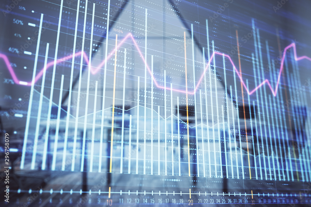 Double exposure of forex chart on conference room background. Concept of stock market analysis Double exposure of forex chart on conference room background. Concept of stock market analysis