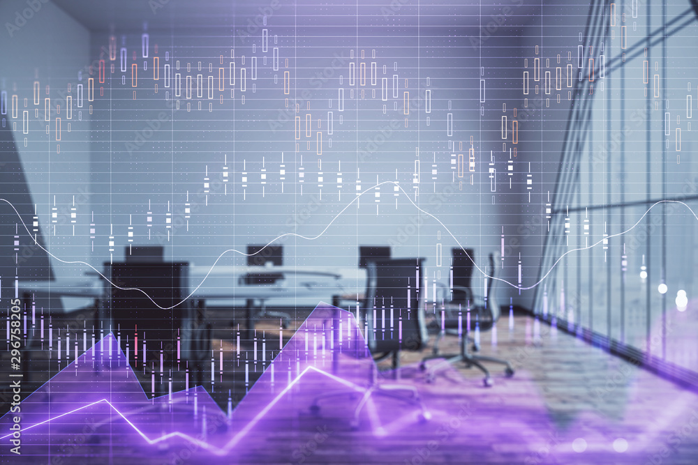 Multi exposure of stock market graph on conference room background. Concept of financial analysis Multi exposure of stock market graph on conference room background. Concept of financial analysis