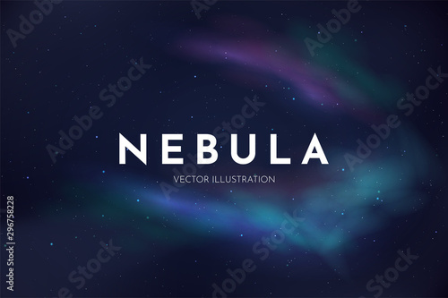 Fototapeta Naklejka Na Ścianę i Meble -  Vector realistic illustration. Night cosmic sky. Wallpaper. Nebula in space. Template for website or game. Abstract banner. Dark starry background. Milky Way. Minimalistic style. Copy space for text