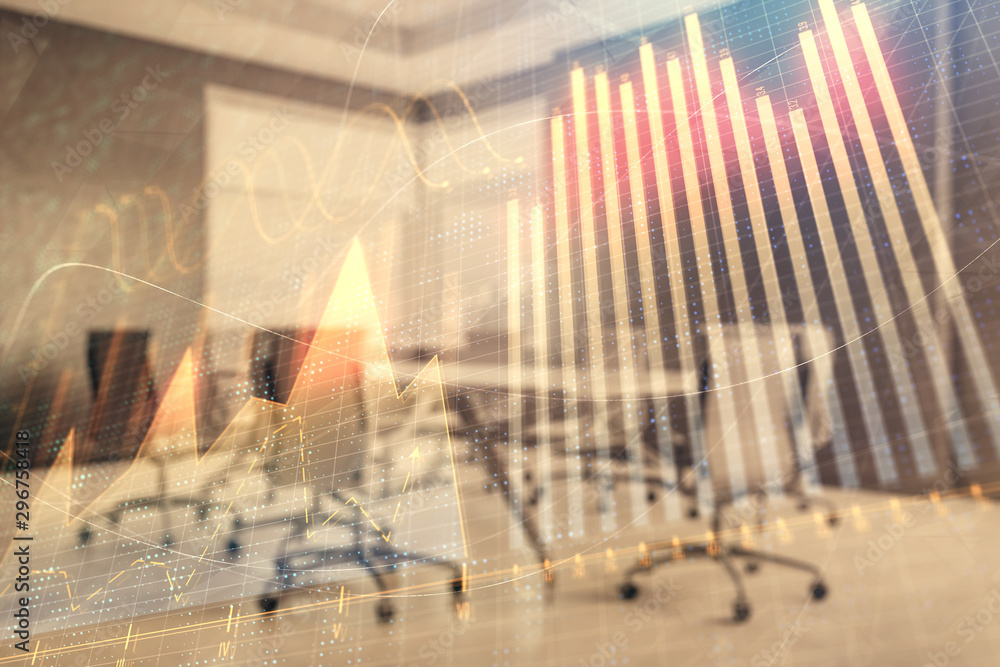 Multi exposure of stock market graph on conference room background. Concept of financial analysis Multi exposure of stock market graph on conference room background. Concept of financial analysis