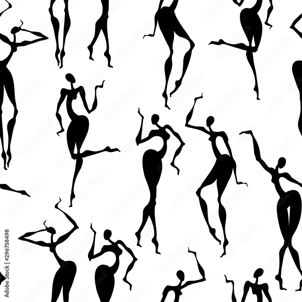 Seamless vector pattern with dancing girls. Silhouettes on white background. Seamless vector pattern with dancing girls. Silhouettes on white background.