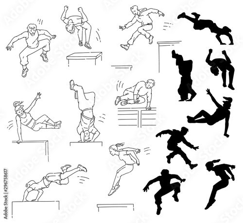 Parkour people outline and silhouette set - men and women doing extreme sport moves.