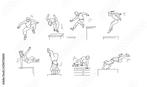 Parkour moves set - cartoon people jumping, spinning and doing backflip