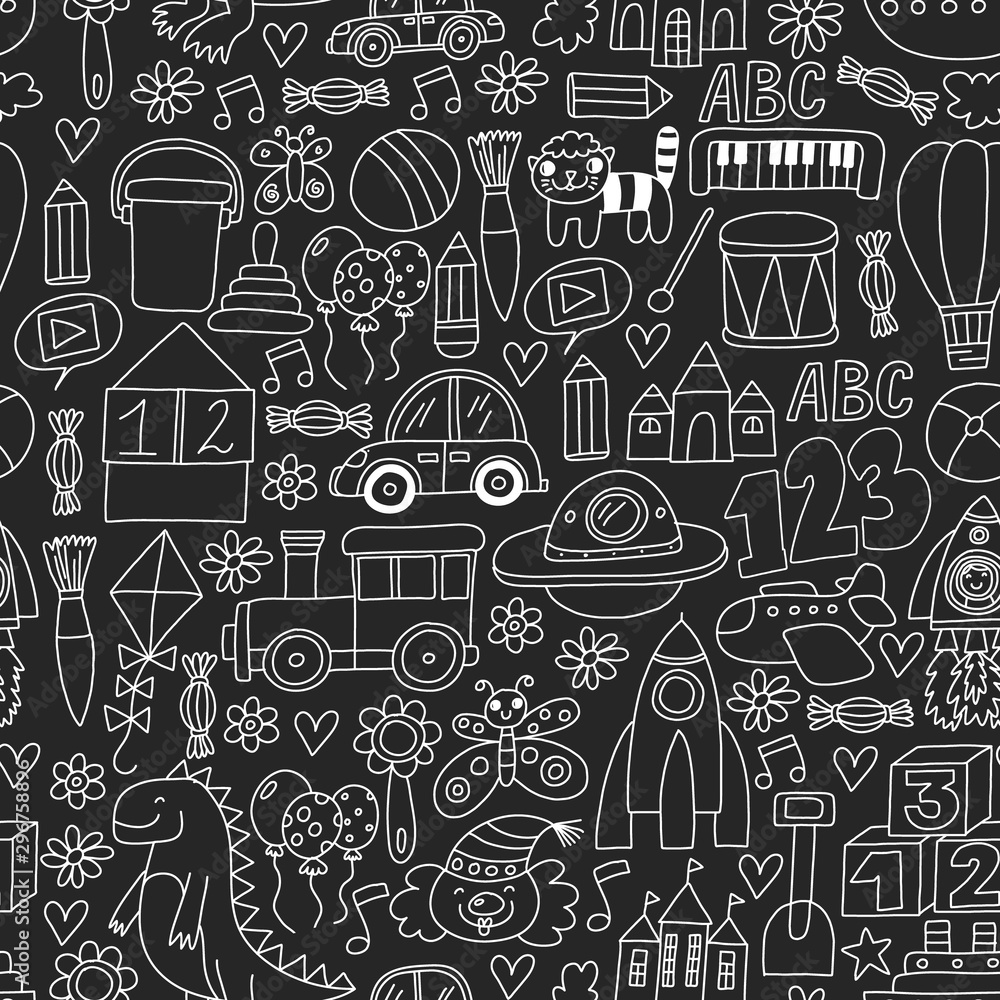 Vector pattern with children toys. Robot, rocket, horse, doll Vector pattern with children toys. Robot, rocket, horse, doll