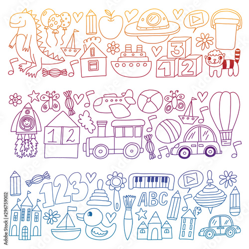Vector pattern with children toys. Robot, rocket, horse, doll