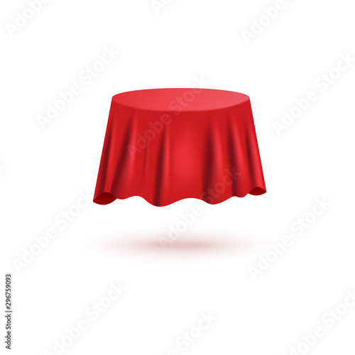 Red silk curtain cover in round table shape with realistic fabric texture