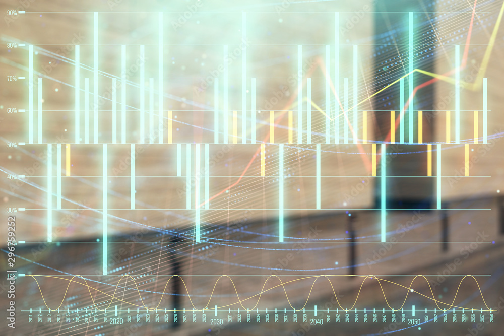 Double exposure of stock market graph on empty exterior background. Concept of analysis Double exposure of stock market graph on empty exterior background. Concept of analysis