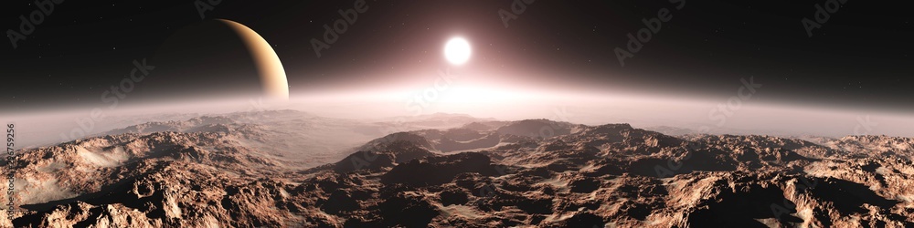 Panorama of an alien landscape. Sunset on Mars. Alien sunset. 3d rendering. - obrazy, fototapety, plakaty 