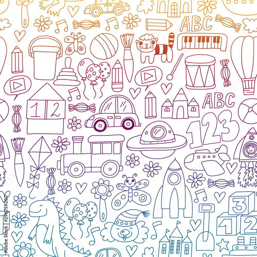 Vector pattern with children toys. Robot, rocket, horse, doll Vector pattern with children toys. Robot, rocket, horse, doll