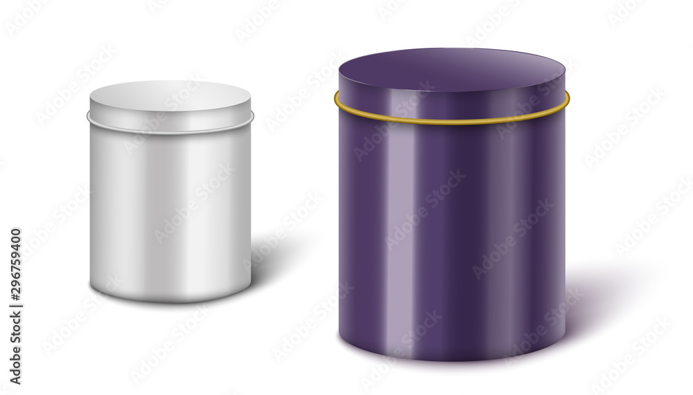 Metal cylinder box mockup set - big and small silver and purple steel containers Metal cylinder box mockup set - big and small silver and purple steel containers