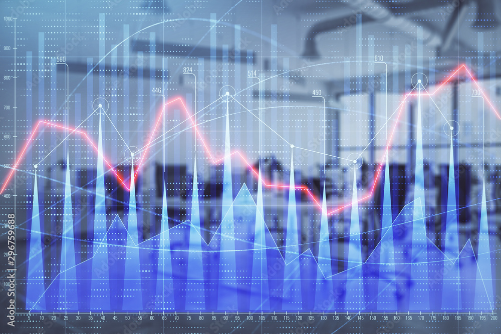 Stock and bond market graph with trading desk bank office interior on background. Multi exposure. Concept of financial analysis Stock and bond market graph with trading desk bank office interior on background. Multi exposure. Concept of financial analysis
