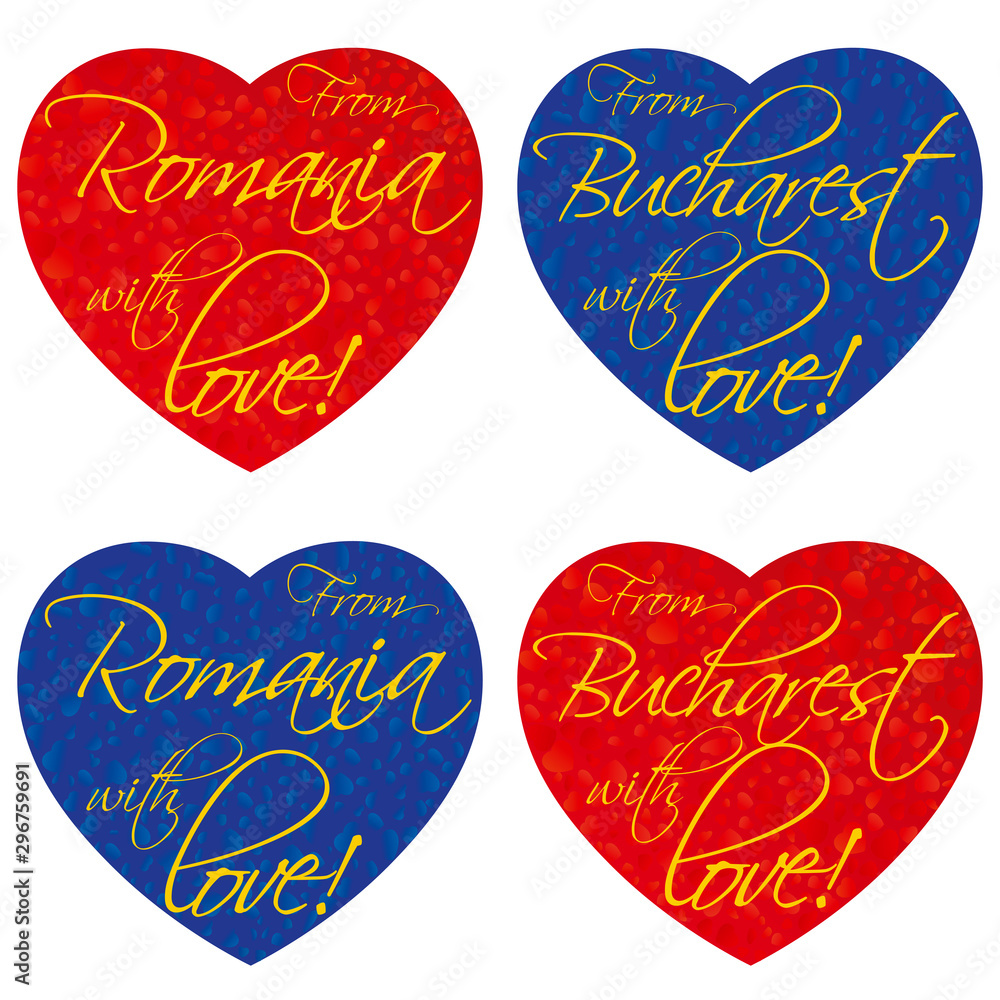 A set of hearts for souvenirs on the theme Romania, Bucharest in national colors. Vector illustration