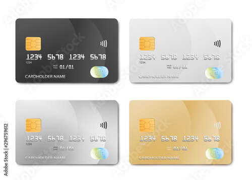 Plastic bank card design template set - isolated credit or debit cards mockup photo
