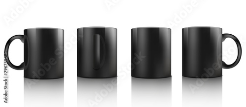 Black mug in various positions set vector realistic illustration isolated.