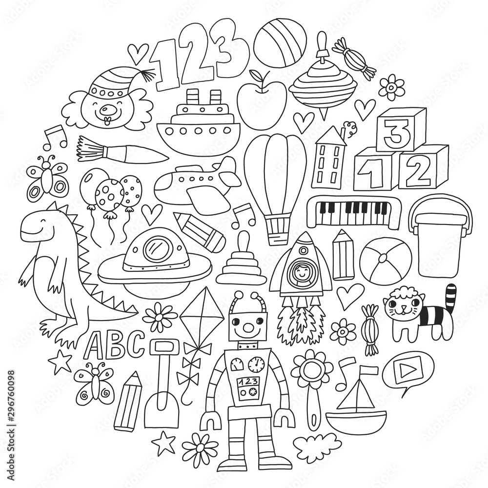 Vector pattern with children toys. Robot, rocket, horse, doll Vector pattern with children toys. Robot, rocket, horse, doll