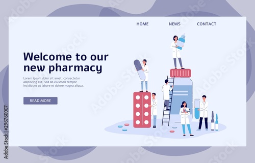 Online pharmacy banner with cartoon people holding different medicine