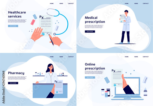 Online medical diagnosis and healthcare service set of flat vector illustrations.