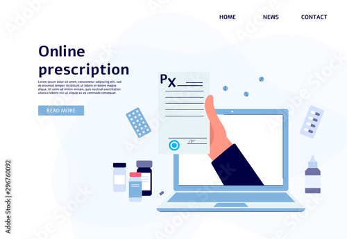Online prescription banner - hand holding paper document coming out of laptop