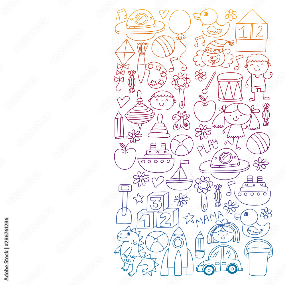 Kindergarten preschool school children. Kids drawing style vector pattern. Play grow learn together.