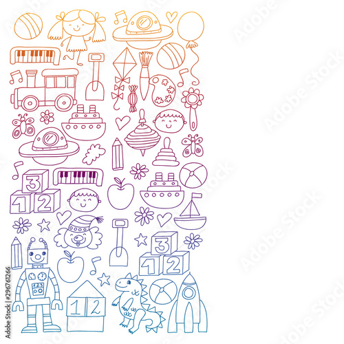 Kindergarten preschool school children. Kids drawing style vector pattern. Play grow learn together.