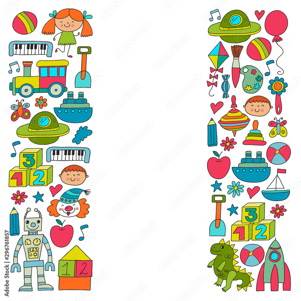 Fototapeta premium Kindergarten preschool school children. Kids drawing style vector pattern. Play grow learn together.