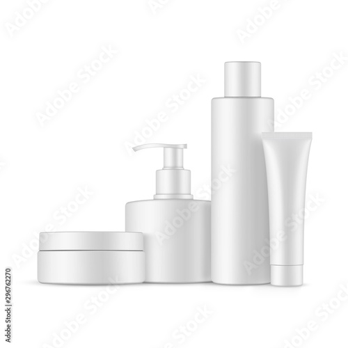 Set of blank plastic containers mockups: bottle with cap, bottle with pump, cream jar, tube. Vector illustration