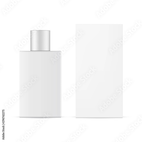 Perfume bottle with paper box mockup isolated on white background. Vector illustration