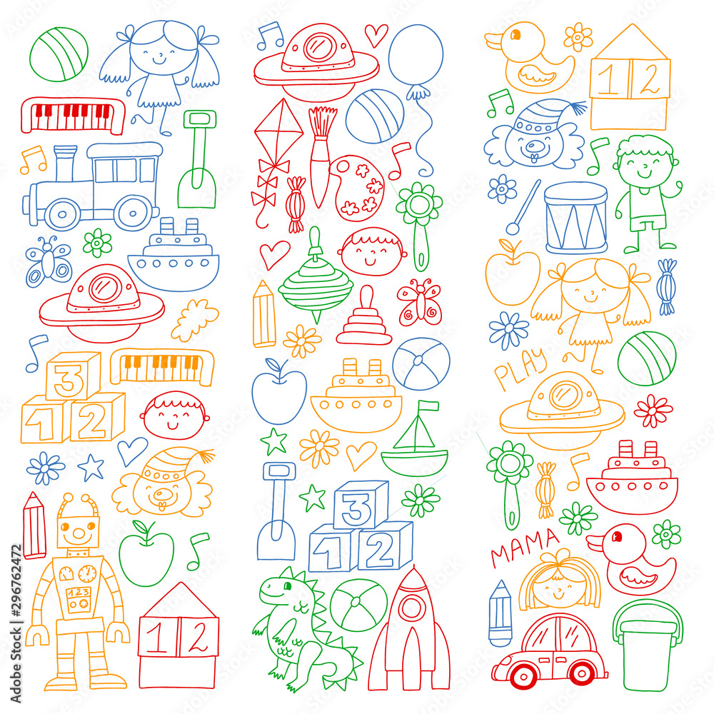 Kindergarten preschool school children. Kids drawing style vector pattern. Play grow learn together.