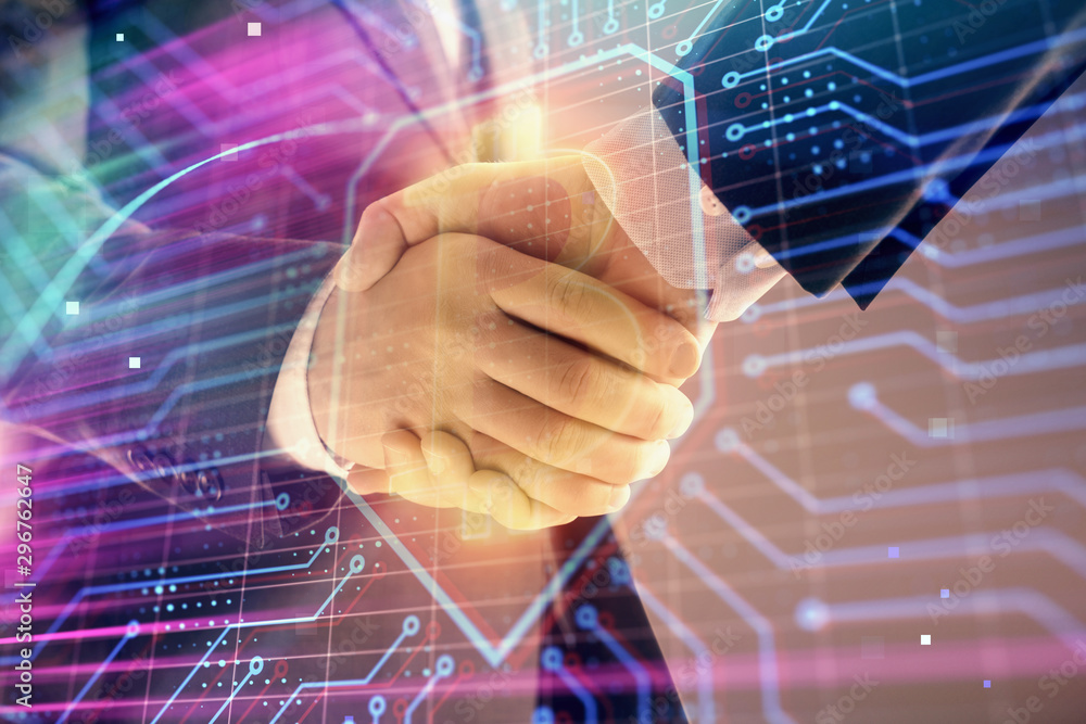 Multi exposure of bitcoin sign on abstract background with two men handshake. Concept of cryptocurrency Multi exposure of bitcoin sign on abstract background with two men handshake. Concept of cryptocurrency