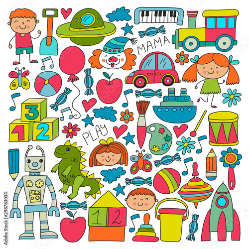 Kindergarten preschool school children. Kids drawing style vector pattern. Play grow learn together.