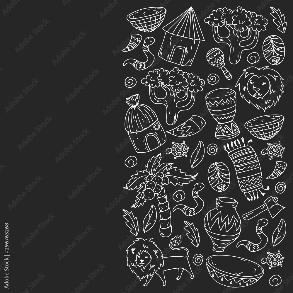 Vector african tribal pattern for banner and posters. Icons of animals and traditional elements for children fabric, clothes, textile. Travel and adventure