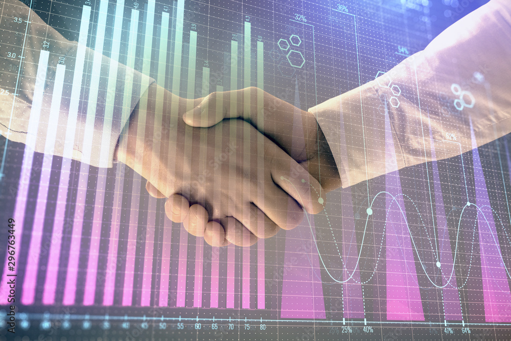 Multi exposure of forex graph on abstract background with two businessmen handshake. Concept of success on stock market Multi exposure of forex graph on abstract background with two businessmen handshake. Concept of success on stock market